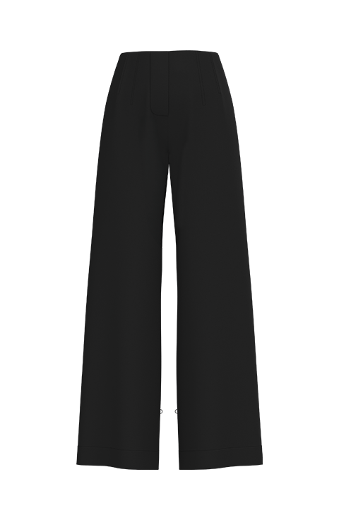 Pantalón negro de tallo alto, con cremallera oculta y pinzas que estilizan la cintura. Bota versátil ya que se puede usar ancha recta o tipo globo recogida con un sistema  para atar en los tobillos.